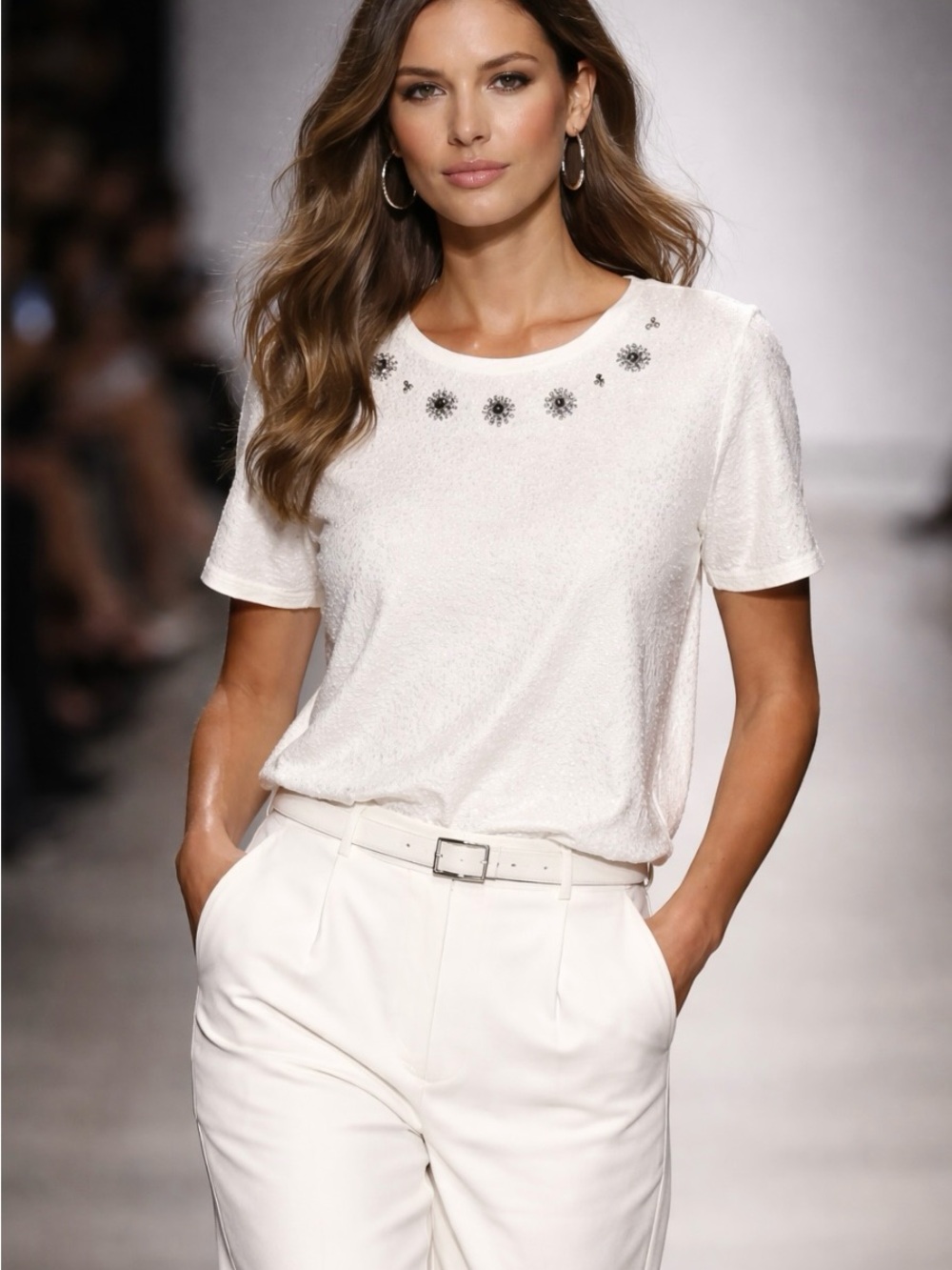 LOFT Cream Short-Sleeve Embellished Tee